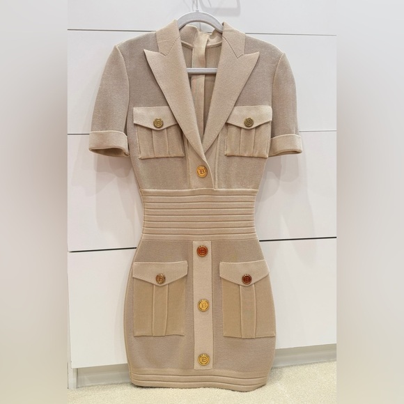 Balmain Dresses & Skirts - Balmain Beige Tailored Short-Sleeve Mini Dress